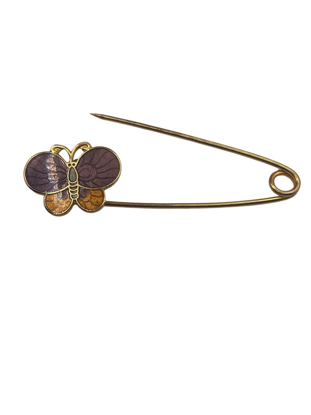 Cloisonné Orange & Purple Enamel Butterfly Extra Large Gold Tone Scarf Hat Pin